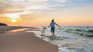 Glückliche Frau am Strand mit einem Hund