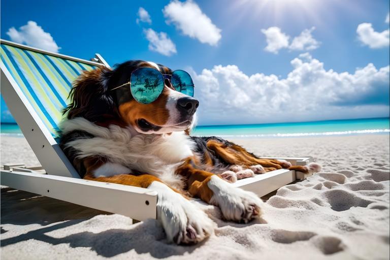 Urlaub am Strand, Hund mit Sonnenbrille
