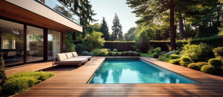 Modernes Haus mit Pool und Holzterrasse