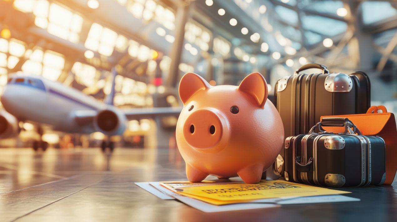 Sparschwein neben Reisekoffern am Flughafen als Symbol für die Budgetplanung der Kilimanjaro Besteigung Kosten