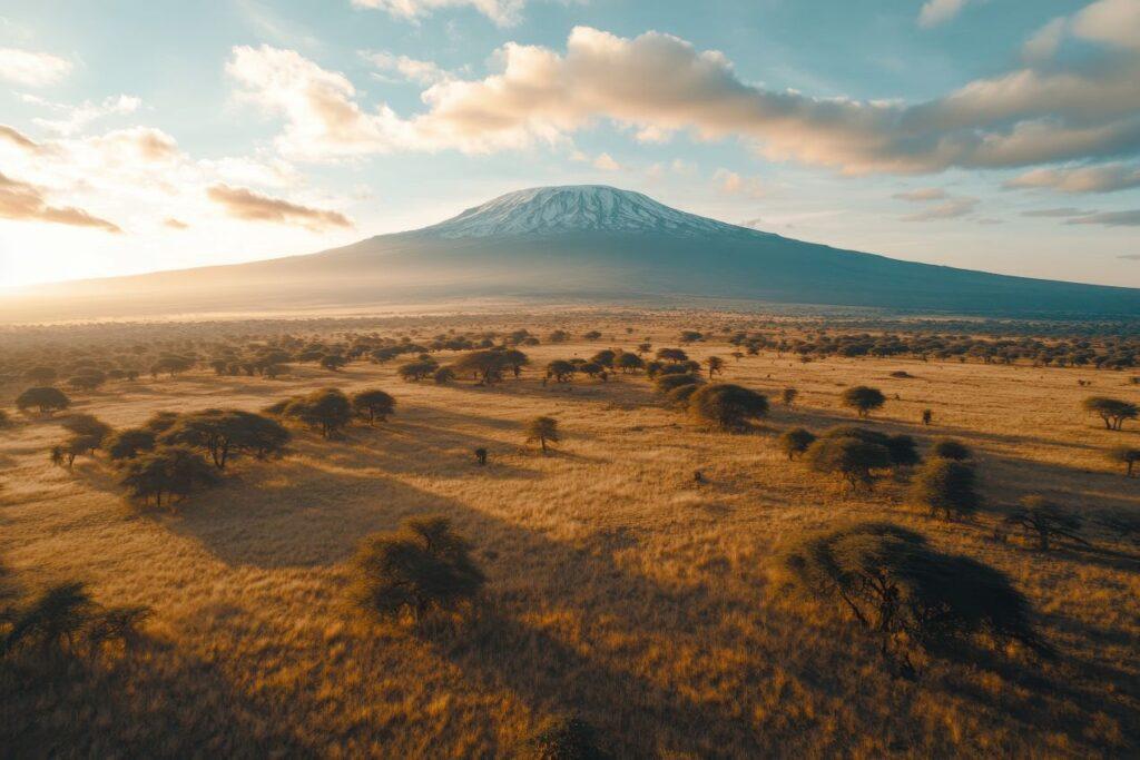 Panoramaansicht des Kilimanjaro mit afrikanischer Savanne als Symbol für die Kilimanjaro-Besteigungskosten und Nachhaltigkeit