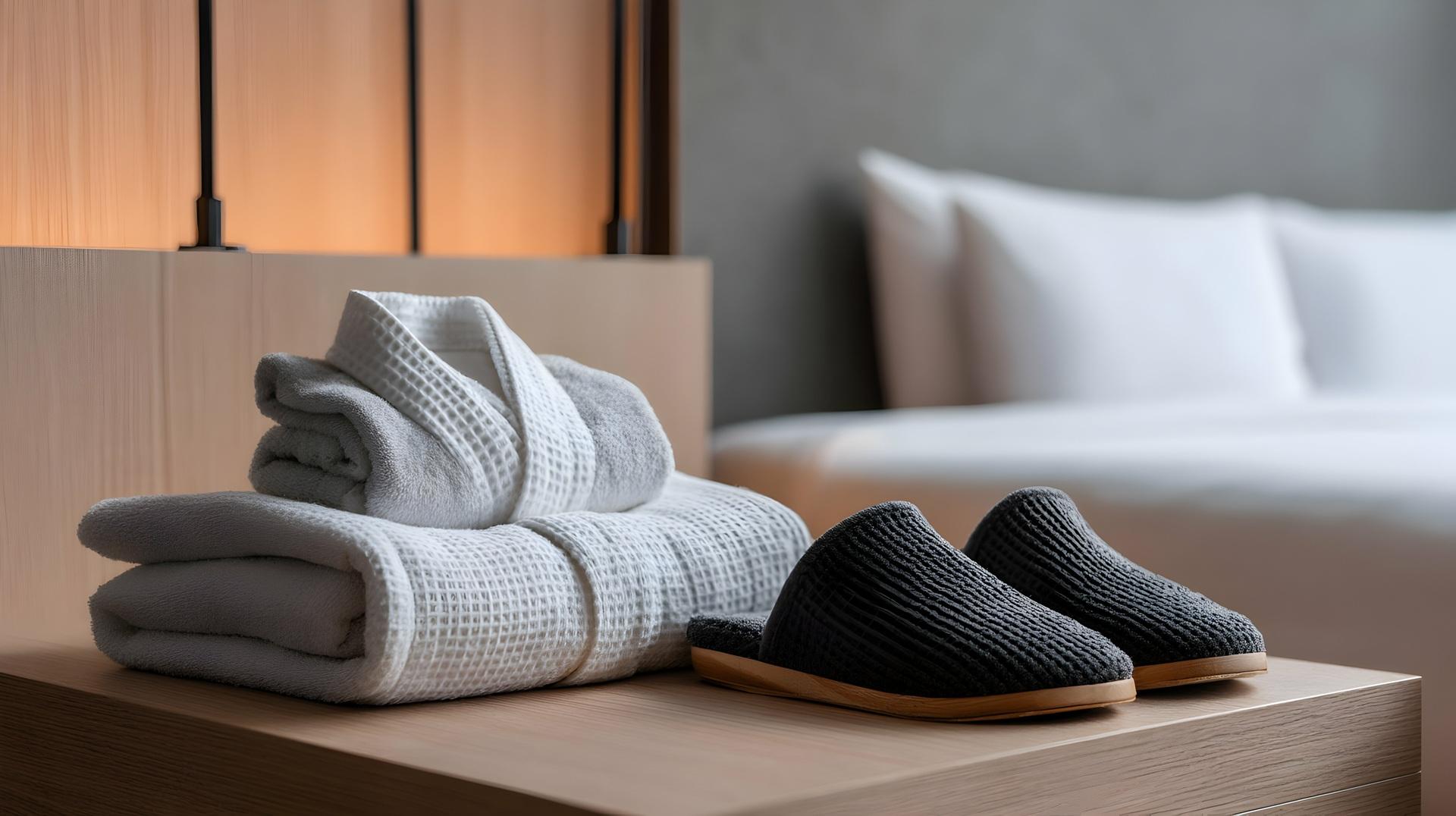 Bademantel und Slipper im Hotelzimmer | Bettwäsche Baumwolle

