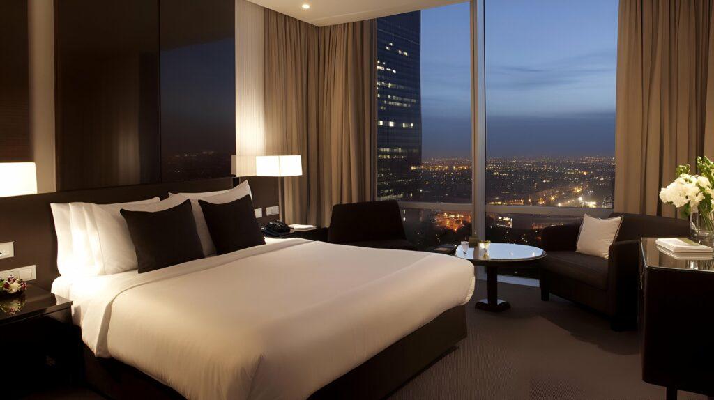 Elegantes Schlafzimmer mit Ausblick bei Nacht | Bettwäsche Baumwolle
