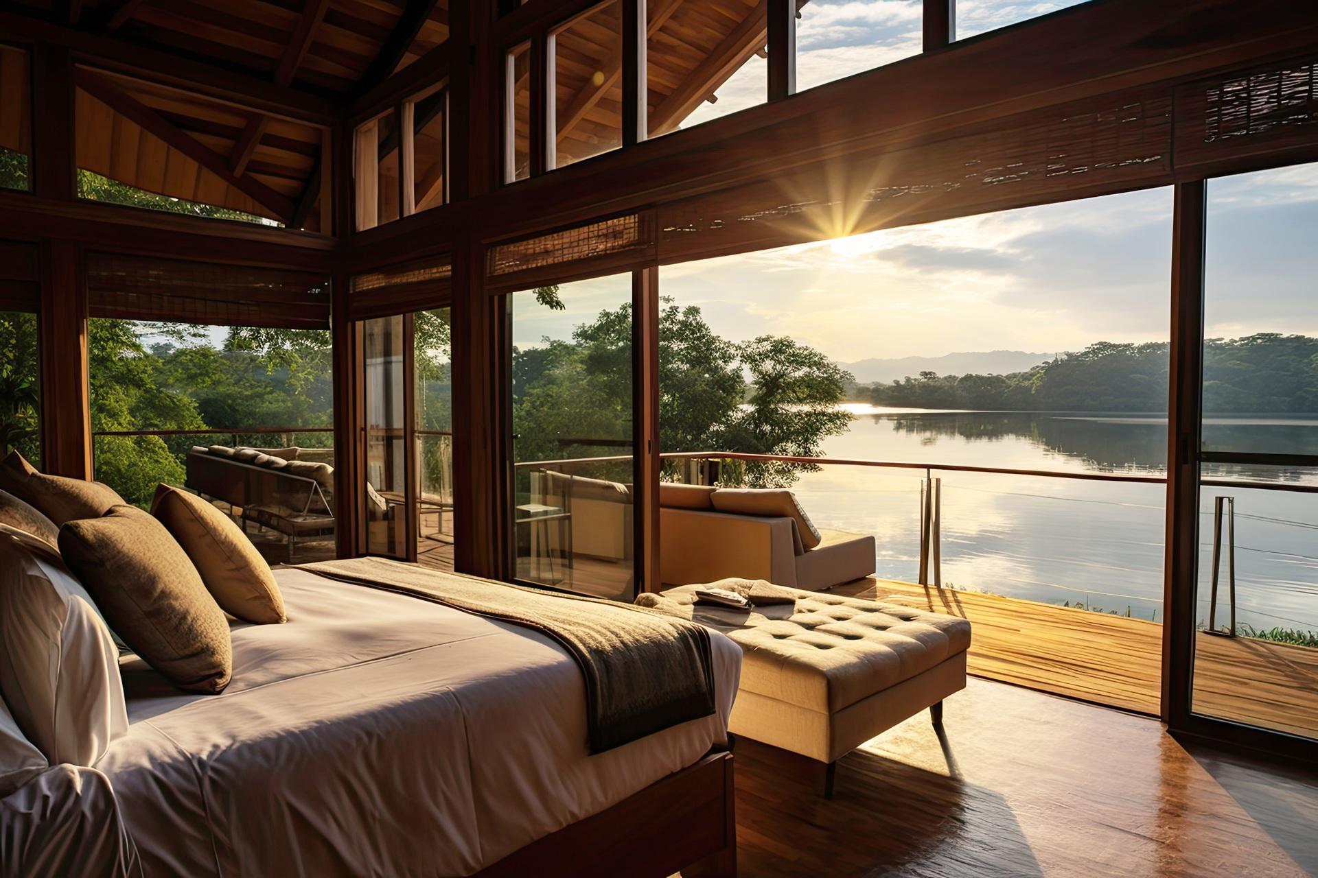 Gemütliches Schlafzimmer mit Seeblick und Holzinterieur | Blumentöpfe