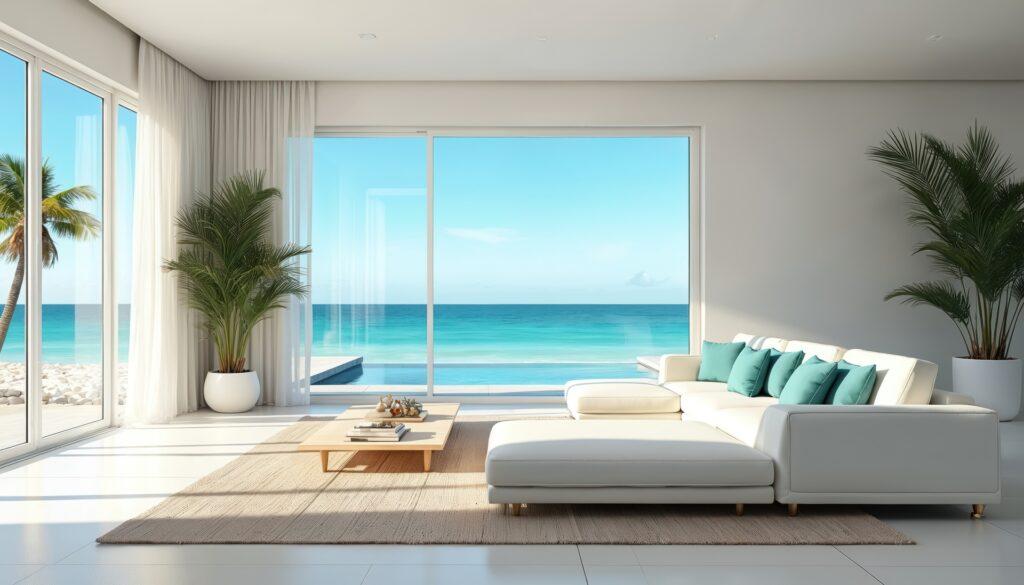 Modernes Wohnzimmer mit Panoramablick auf das Meer | Blumentöpfe