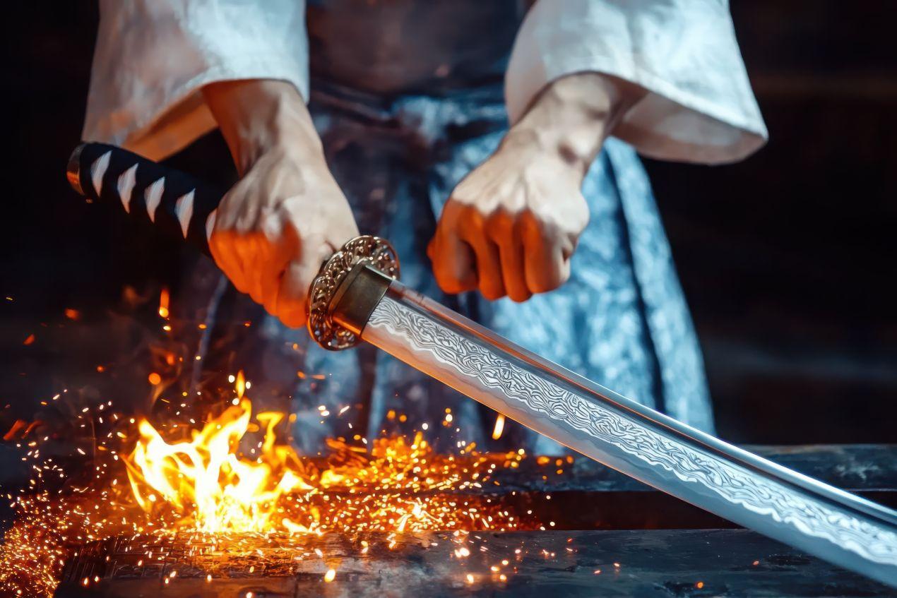 Nahaufnahme eines handgefertigten Katana, gehalten von einem Schmied in traditioneller Kleidung, vor einem Feuer mit glühenden Funken.